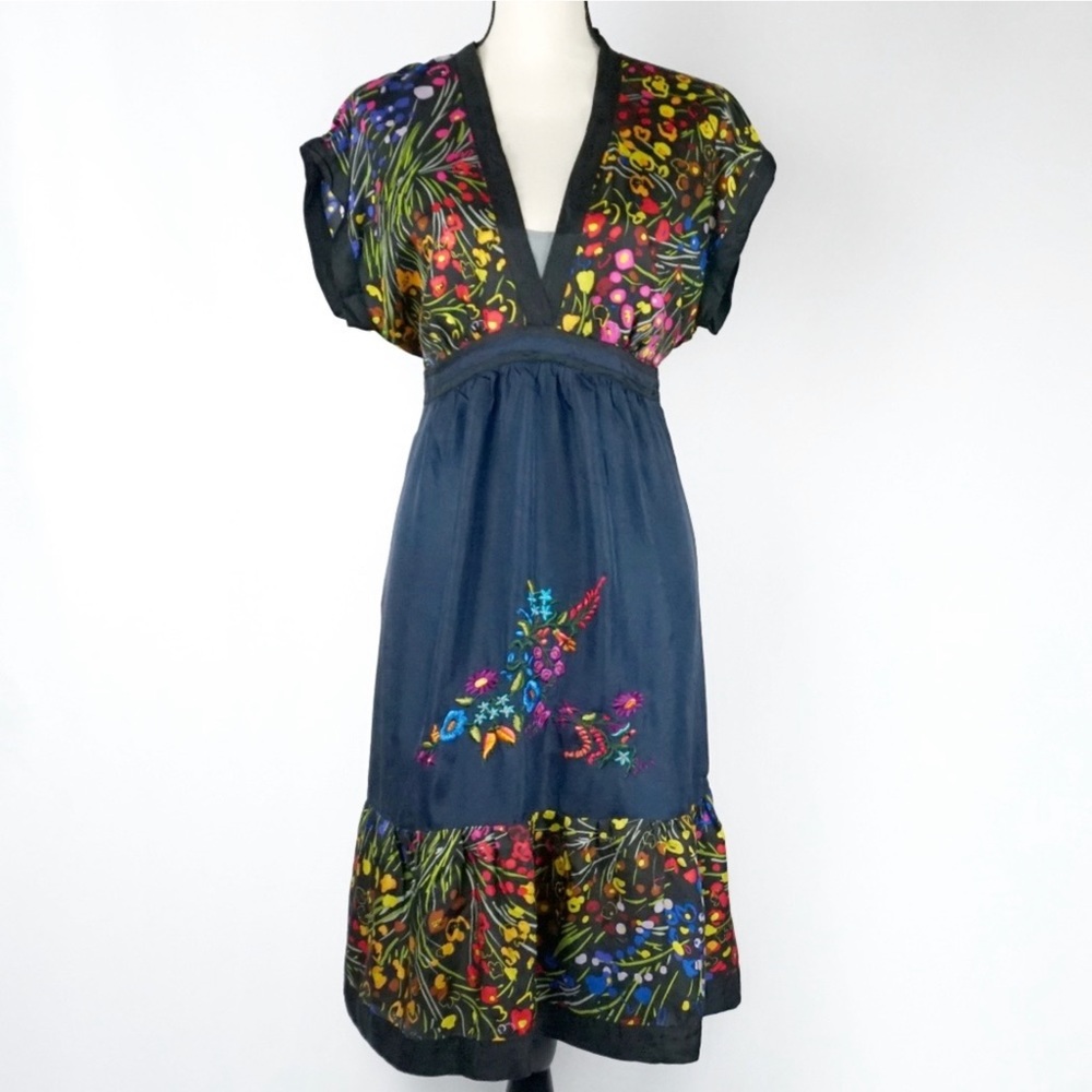 S O L D Fei Anthropologie Efflorescent 100% Silk Blue Floral Dress V-Neck Large - Picture 7 of 16